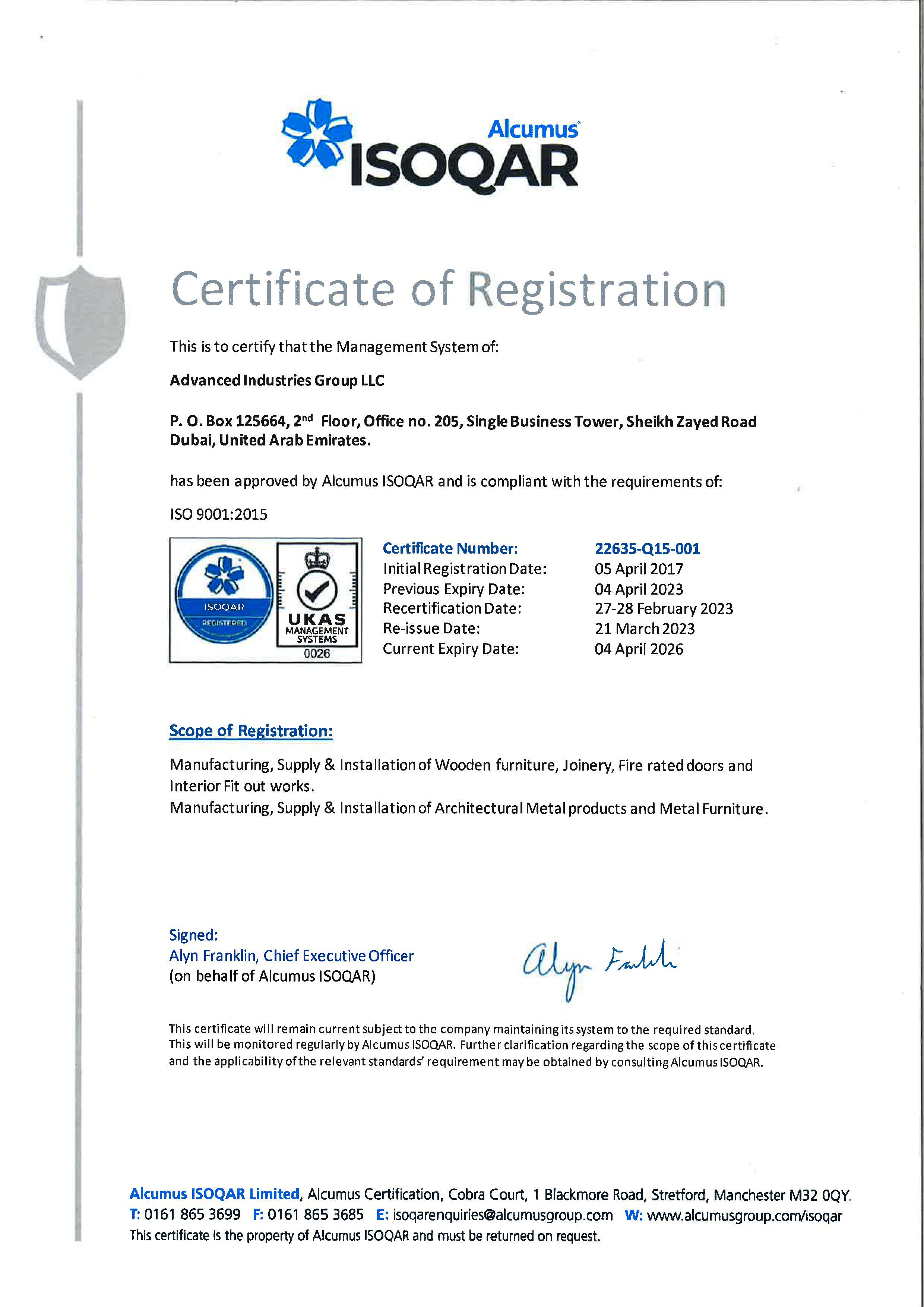 Advanced Industries Group LLC  QMS ISO 9001 2015
